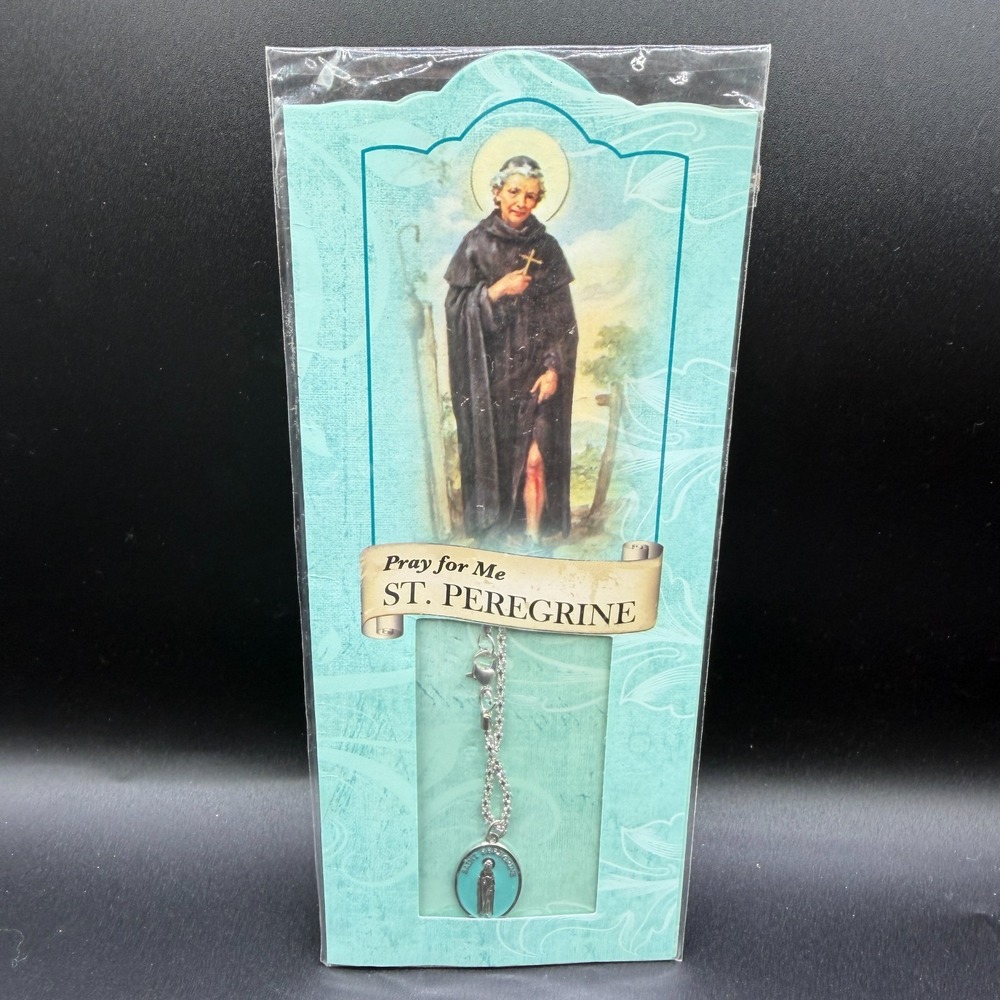 St Peregrine Medal Necklace Teal & Silver Tone Catholic Saint Prayer Pendant